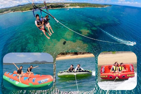 【沖縄・名護市・パラセーリング】「パラセーリング&アクティブ3」セット！カヌチャリゾート＆ヒーピィービーチの2か所で遊べちゃう！