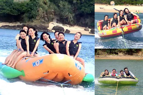 【沖縄・宜野座村・バナナボート】嬉しいセットプラン！人気アクティビティ3つを楽しもう（オプション・BBQ）