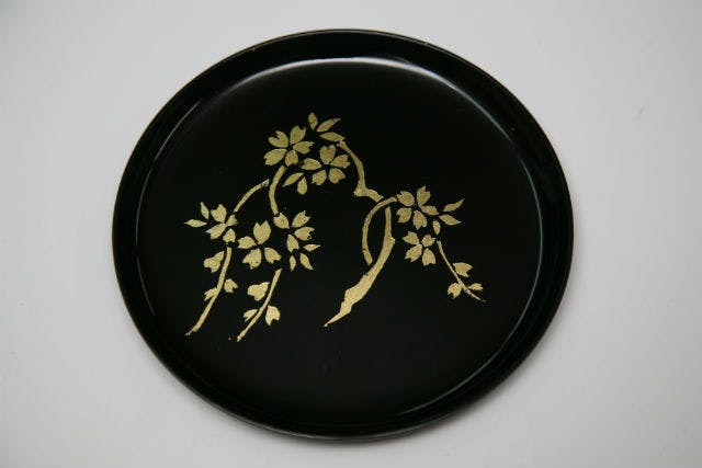 金箔貼り蒔絵 お盆 （清流椀 黒 銀抜四君子 漆 (本金みがき蒔絵