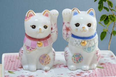 招き猫　ペア　結婚祝い　新築祝い　ハンドメイド　ポーセラーツねこ　縁起物 東京・ポーセラーツ】ポーセラーツで縁起の良い開運の置物・ペア