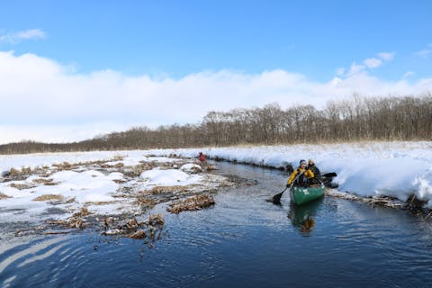 【北海道・苫小牧・カヌー】新千歳空港無料送迎あり！水鳥の楽園「ウトナイ湖」上流・冬の「美々川」カヌーツアー！温かいお茶も楽しめます！