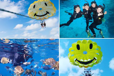 ♪当日予約大歓迎♪☆ボートで行く青の洞窟シュノーケリング&東海岸パラセーリング☆超高画質GoPro撮影・餌付無料★手ぶらOK☆お得なセットプラン☆