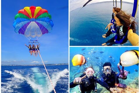 【沖縄・青の洞窟・体験ダイビング＆パラセーリング】自社専用ボートで青の洞窟体験ダイビング＆高所フライト絶景パラセーリングのセット体験（青の洞窟写真撮影・データプレゼント）