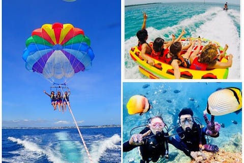 【沖縄・恩納村発・沖縄3大アクティビティ全部体験】自社専用ボートで青の洞窟体験ダイビング＆絶景パラセーリング＆絶叫ウォータートイ