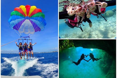 【沖縄・青の洞窟・シュノーケリング＆パラセーリング】自社専用ボートで青の洞窟シュノーケリング＆高所フライト絶景パラセーリングのセット体験（青の洞窟写真撮影・データプレゼント）