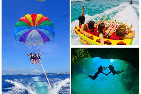 【沖縄・恩納村発・沖縄3大アクティビティ全部体験】自社専用ボートで青の洞窟シュノーケル＆絶景パラセーリング＆絶叫ウォータートイ