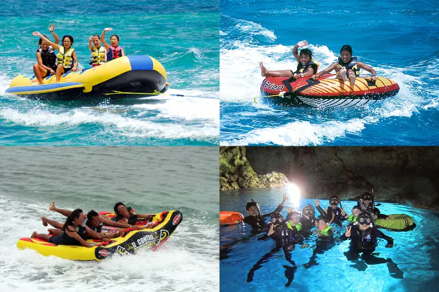 ♪当日予約大歓迎♪【沖縄・恩納村・マリンスポーツ】☆ボートで行く青の洞窟シュノーケリング&3種のマリンスポーツ☆超高画質GoPro撮影・餌付無料♪