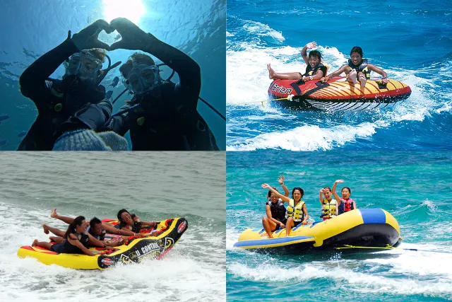 ♪当日予約大歓迎♪【沖縄・恩納村・マリンスポーツ】☆ボートで行く青の洞窟体験ダイビング＆3種のマリンスポーツ☆呼吸が楽なフルフェイスマスク無料♪超高画質GoPro撮影・餌付無料・ガイド貸切♪