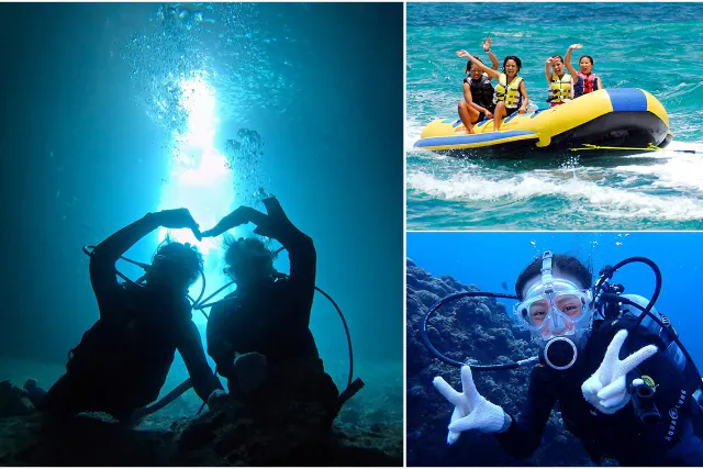 ♪当日予約大歓迎♪【沖縄・恩納村・マリンスポーツ】☆ボートで行く青の洞窟体験ダイビング＆ドラゴンボート☆呼吸が楽なフルフェイスマスク無料♪超高画質GoPro撮影・餌付無料・ガイド貸切♪
