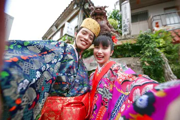 男女踊り(舞踊)着物 ペアセット 沖縄・那覇・琉装】－舞踊風着付け－ヒラヒラ伝統衣装がカワイイ