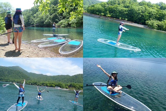【手ぶらSUP】写真つき！北海道初上陸クリアSUPで水質トップクラスの透明度を誇る国立公園支笏湖と千歳川を体感！更衣室/タオル/ドライヤー等アメニティー各種無料！初心者・カップルにもおすすめ