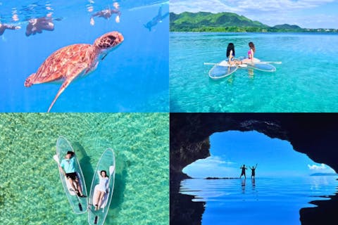 【石垣島の超人気スポットセットプラン】川平湾クリアサップ&青の洞窟探検＆遭遇率99.9％ウミガメシュノーケルツアー《ドローン+GoPro撮影無料》女性カップルファミリー/送迎付