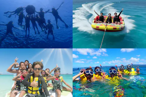 沖縄・水納島【Sプラン◆ボートシュノーケリング＆選べるマリンスポーツ3種目＆日帰り海水浴】水納島往復乗船券＆ランチ＆パラソル1本＆写真無料ダウンロード付き！！