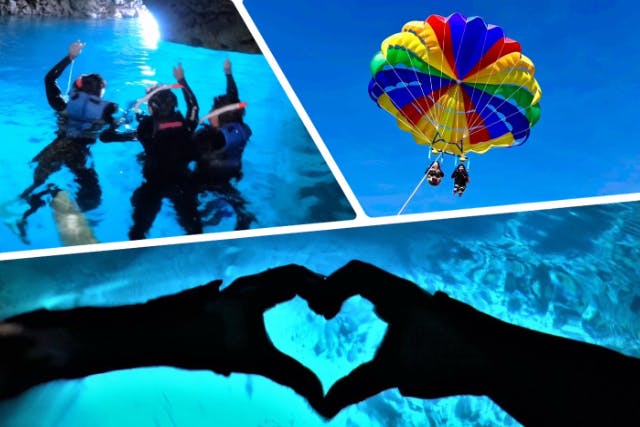 【青の洞窟シュノーケル＆パラセーリング】3月1日開始先着32人/1日♪最楽コラボを同時に♪GoPro無料写真動画すぐスマホ♪無料タオル餌あげ