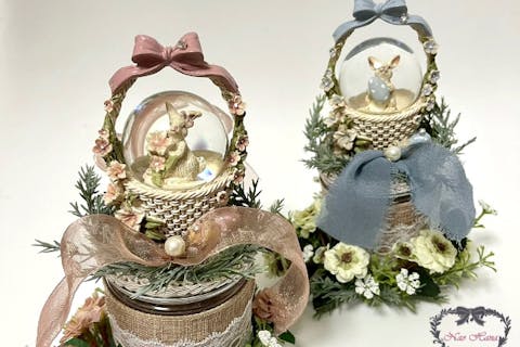 【品川花材屋さんで開催☆フラワーアレンジワークショップ】うさぎのスノードームの小物入れ☆お花で飾った小物入れ作ってみませんか？
