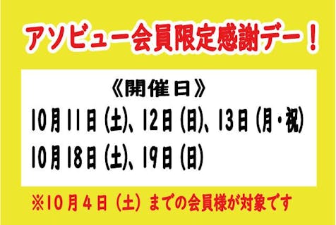 【10/11〜13、18～19開催アソビュー会員限定感謝デー】1Dayパス※人数分取得