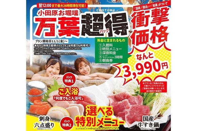 【11/1～】衝撃価格！万葉超得パック3,990円 最大26時間滞在可能！2食付き＃18654