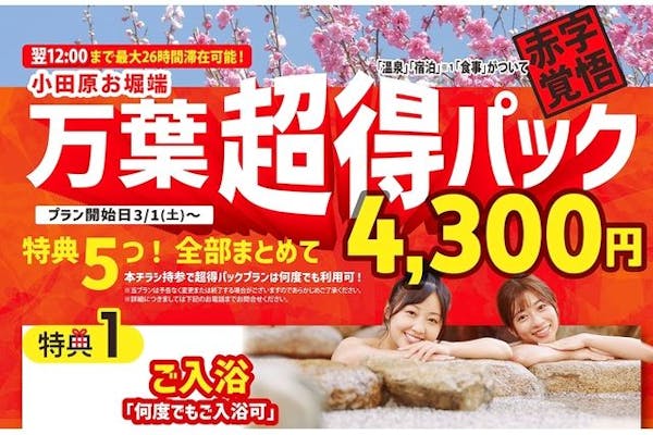 3/1～】衝撃価格！万葉超得パック4,300円 最大26時間滞在可能！2